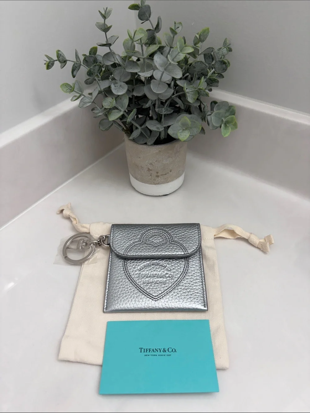 Tiffany & Co. Silver Metallic Pebbled Leather Heart Card Pouch with Keyring